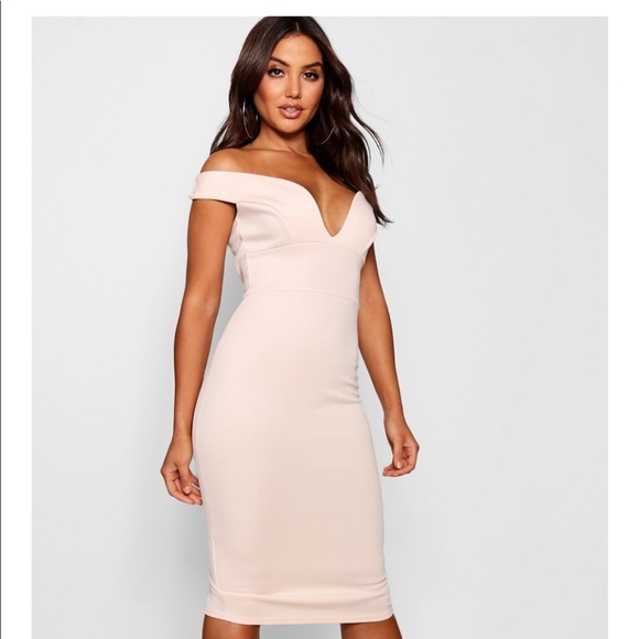 off the shoulder bodycon midi dress